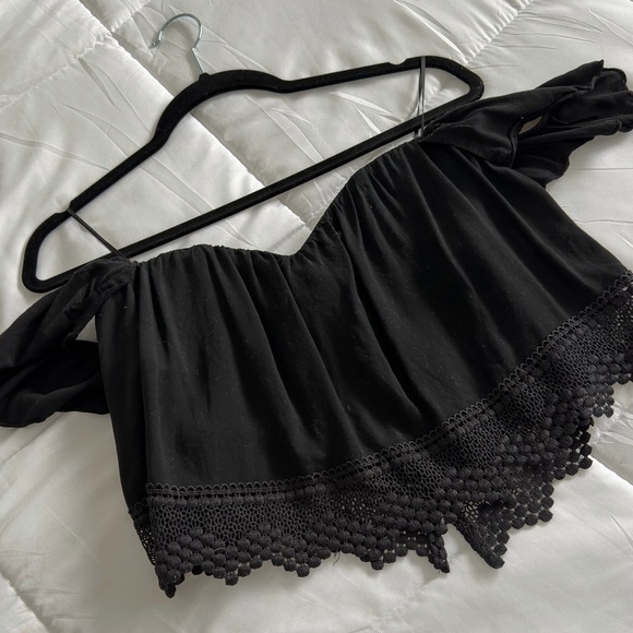 Tops - Black Off-Shoulder Top with Crochet Hem